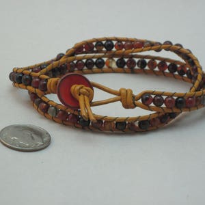 Red Agate and Marigold Greek Leather 2 Wrap Bracelet image 5