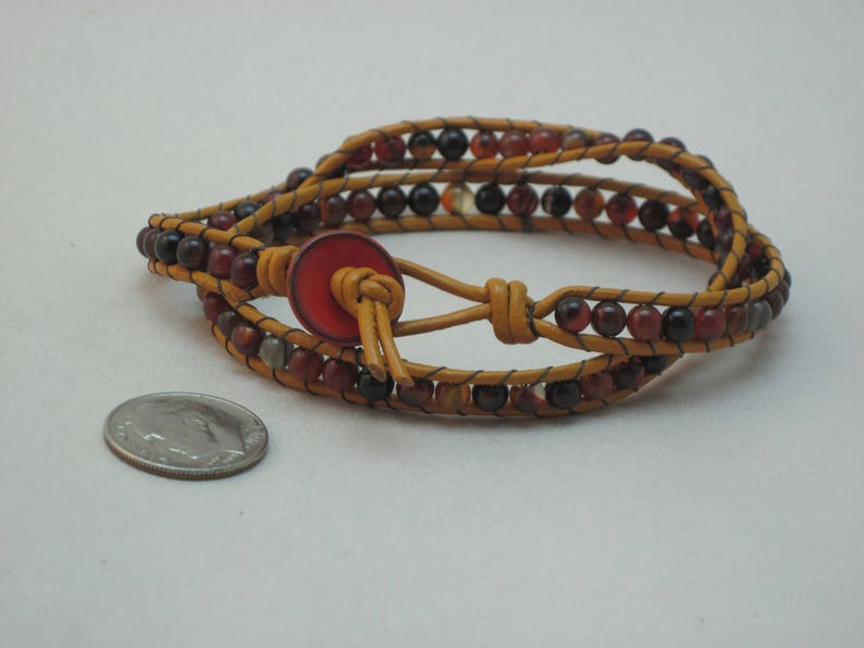 Red Agate and Marigold Greek Leather 2 Wrap Bracelet image 5