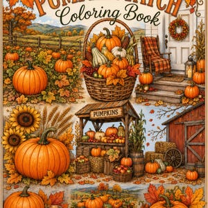 May include: A Pumpkin Patch Coloring Book cover featuring illustrations of orange pumpkins, sunflowers, autumn leaves, a wooden cart, a rustic stand with the text PUMPKINS, a wicker basket filled with gourds, and a cozy porch with a rocking chair.