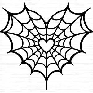 May include: A black and white graphic illustration featuring a heart-shaped spider web design. The web pattern radiates outward from a small, solid white heart shape positioned at the center, creating a symmetrical heart-shaped outline.