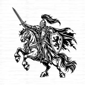 Medieval Knight SVG, PNG: Armored Warrior on Warhorse with Sword and Shield, Fantasy Knight T-Shirt Design, Cut File, Digital Download