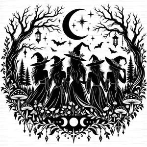 May include: A black and white graphic illustration featuring five figures wearing pointed hats and long dresses standing in a circle. The scene includes bare trees, hanging lanterns, bats, a crescent moon, stars, mushrooms, and floral elements.