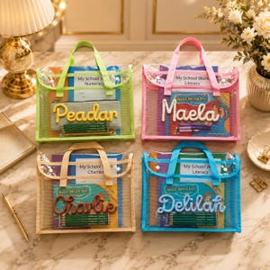 May include: Four rectangular transparent plastic document bags with handles, each featuring a colorful trim and a personalized name in raised script lettering. The bags contain school workbooks labeled My School Work and Read Write Inc.