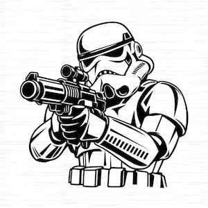 May include: A black and white graphic illustration of a Stormtrooper wearing a helmet and armor, holding a blaster rifle with both hands. The character is depicted from the chest up, aiming the weapon forward with a focused stance.