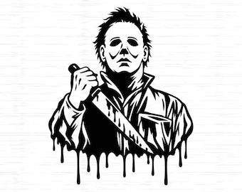 Puede incluir: Una ilustración gráfica en blanco y negro de un personaje con máscara y chaqueta de cuello, sosteniendo un cuchillo grande. El diseño presenta un efecto de goteo en la parte inferior, creando un fuerte contraste sobre el fondo blanco.