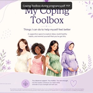 Op de afbeelding: Een digitaal document getiteld My Coping Toolbox met vier zwangere personen met verschillende huidtinten en kleding. De tekst luidt: Things I can do to help myself feel better, You deserve support. You matter. You are enough.