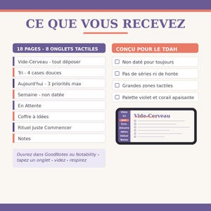 May include: A digital planner interface with a purple and coral color scheme. The text reads CE QUE VOUS RECEVEZ, 18 PAGES - 8 ONGLETS TACTILES, CON&Ccedil;U POUR LE TDAH, and lists various organizational sections like Vide-Cerveau, Tri, and Notes.