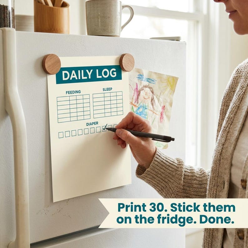 Printable daily baby log page for feeds, sleep, and diapers. Keep this comprehensive one-page tracker on your fridge to easily tick boxes throughout the day. A simple, screen-free alternative to track newborn routines during the fourth trimester.