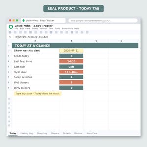 Baby sleep tracker and nap log spreadsheet. Accurately calculate newborn sleep sessions and total daily sleep hours. Features smart overnight sleep formulas that calculate correctly past midnight, helping parents find their baby's natural rhythm.