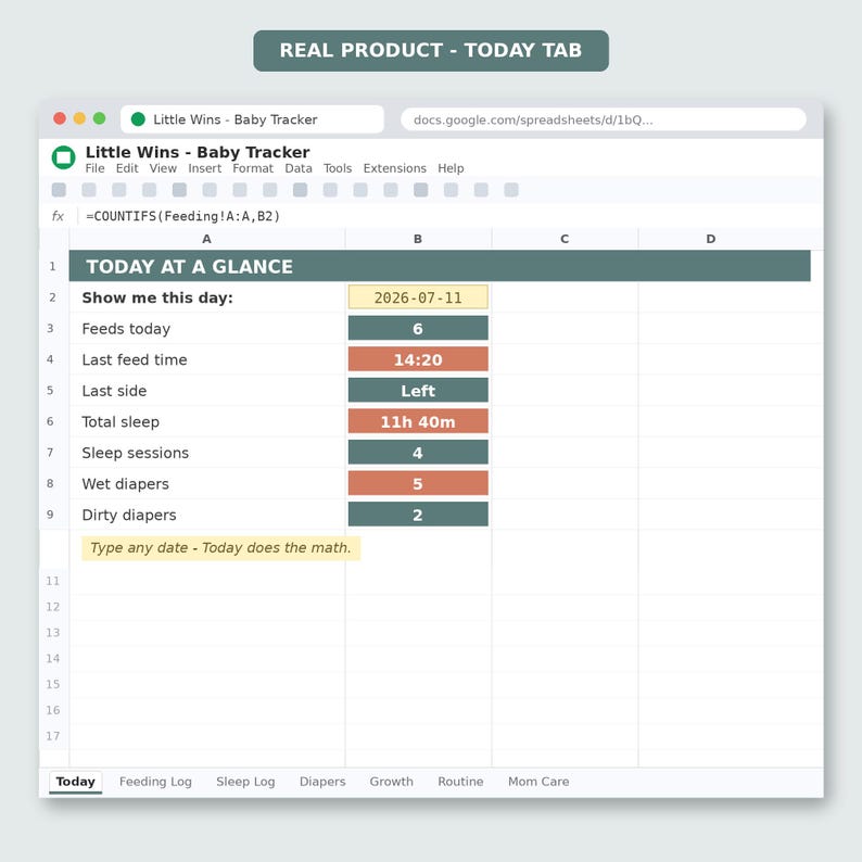 Baby sleep tracker and nap log spreadsheet. Accurately calculate newborn sleep sessions and total daily sleep hours. Features smart overnight sleep formulas that calculate correctly past midnight, helping parents find their baby's natural rhythm.