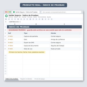 May include: A digital spreadsheet interface titled Salida Segura - &Iacute;ndice de Pruebas. The table includes columns for Ref, Tipo, and D&oacute;nde, listing entries P-001 through P-005 with categories like Captura de pantalla, Foto, and Export de SMS.