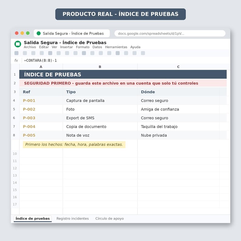 May include: A digital spreadsheet interface titled Salida Segura - &Iacute;ndice de Pruebas. The table includes columns for Ref, Tipo, and D&oacute;nde, listing entries P-001 through P-005 with categories like Captura de pantalla, Foto, and Export de SMS.