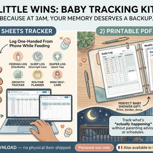 Baby milestone tracker and little firsts keepsake page. Document your newborn's first smile, first laugh, and first four-hour sleep stretch. A printable baby book insert to capture precious early memories alongside daily care tracking.