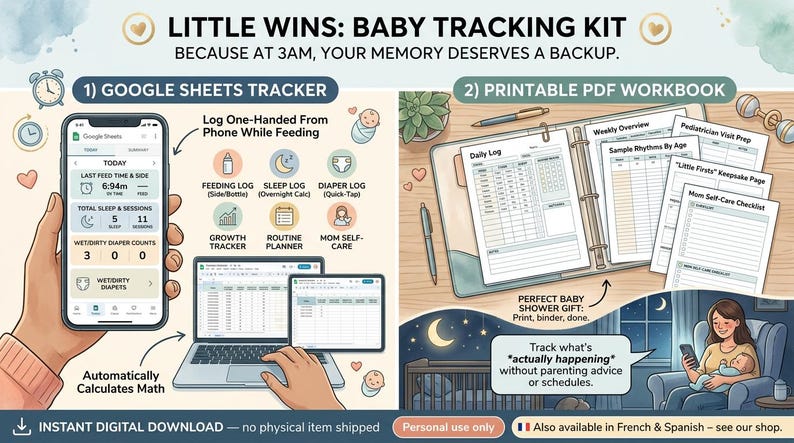 Baby milestone tracker and little firsts keepsake page. Document your newborn's first smile, first laugh, and first four-hour sleep stretch. A printable baby book insert to capture precious early memories alongside daily care tracking.