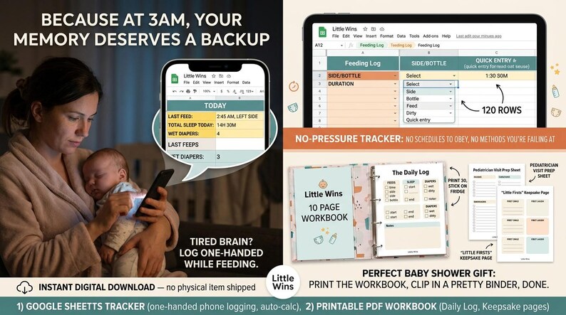 Mobile-friendly baby tracker spreadsheet that works on phones, tablets, and computers via Google Sheets. Simply type in the yellow cells while holding your baby. Instant digital download providing an easy, stress-free setup for overwhelmed parents.