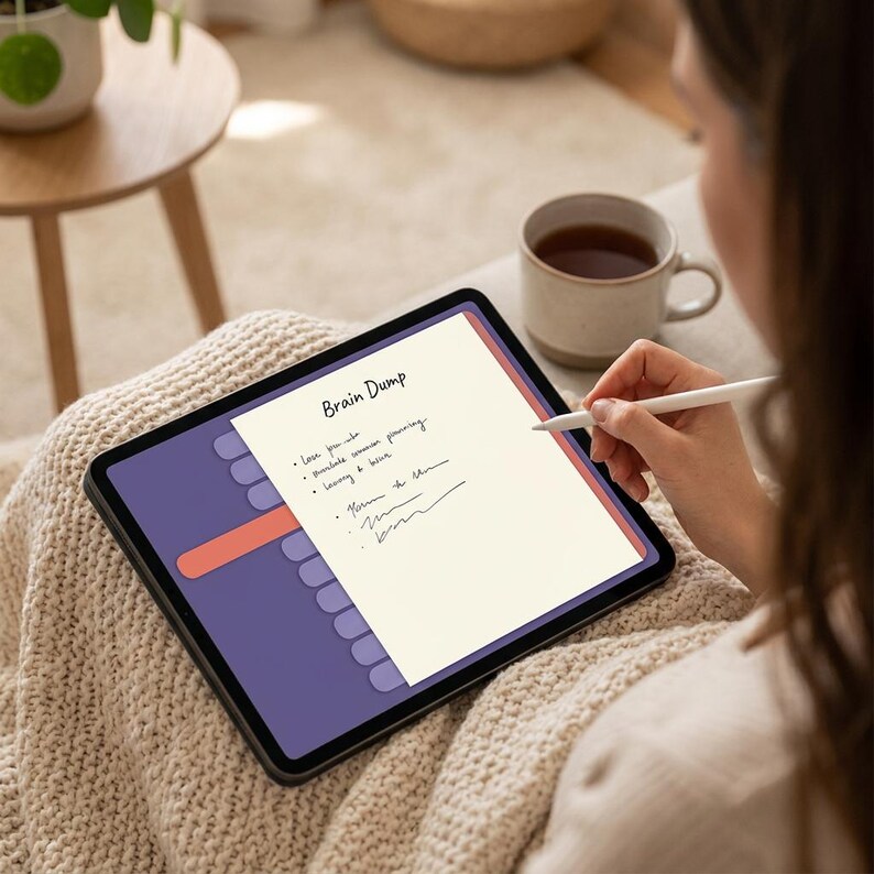 May include: A digital tablet displaying a planner interface with a cream-colored page titled Brain Dump, featuring handwritten text and bullet points. The screen background is purple with coral-colored rectangular accents and rounded buttons.