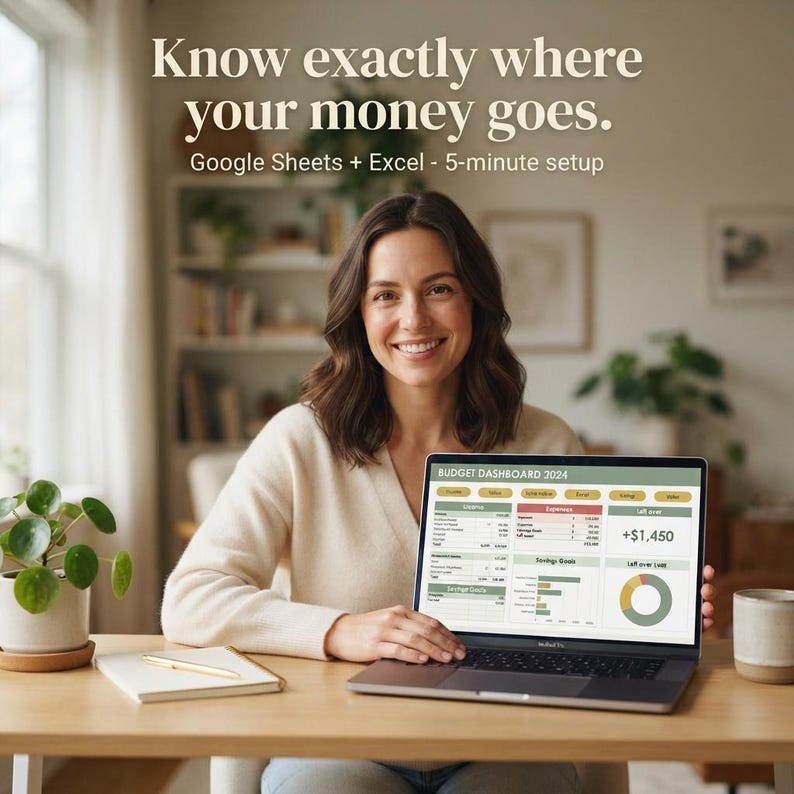 Annual budget spreadsheet template for Google Sheets and Excel. A minimalist, easy-to-use digital personal finance planner featuring bill tracking, zero-based budgeting, and debt payoff tools. Instant digital download to manage money without overwhelm.