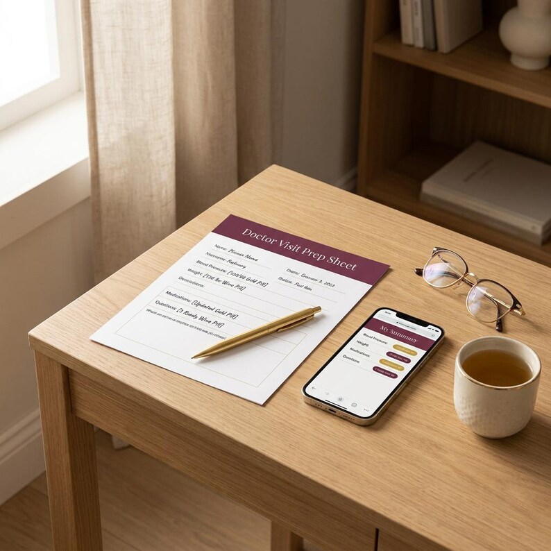 May include: A white paper titled Doctor Visit Prep Sheet with fields for name, date, blood pressure, weight, and medications, accompanied by a gold pen, a smartphone displaying a summary screen, and gold-rimmed glasses on a wooden surface.