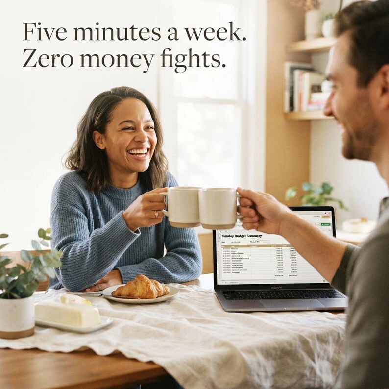May include: Two people clinking off-white ceramic mugs together over a table with a laptop displaying a Sunday Budget Summary, a plate with a croissant, and a butter dish. Text reads: Five minutes a week. Zero money fights.