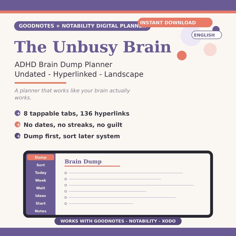The ultimate ADHD productivity and mental wellness digital planner for women. Reduce anxiety, stop masking, and embrace a planner that understands a busy brain. Reclaim your focus and daily peace with an adaptable tablet organizer.