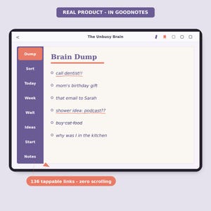 A digital planner designed for ADHD, not against it. Solves how to plan when you have executive dysfunction by removing rigid priority lists and shame-inducing habit trackers. Build consistency on your own terms with this GoodNotes file
