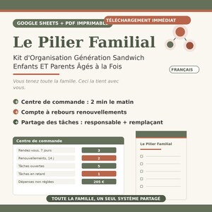 May include: A digital organization kit titled Le Pilier Familial, featuring a Google Sheets and printable PDF format. The layout includes a command center with task tracking, appointment lists, and financial summaries in green and terracotta tones.