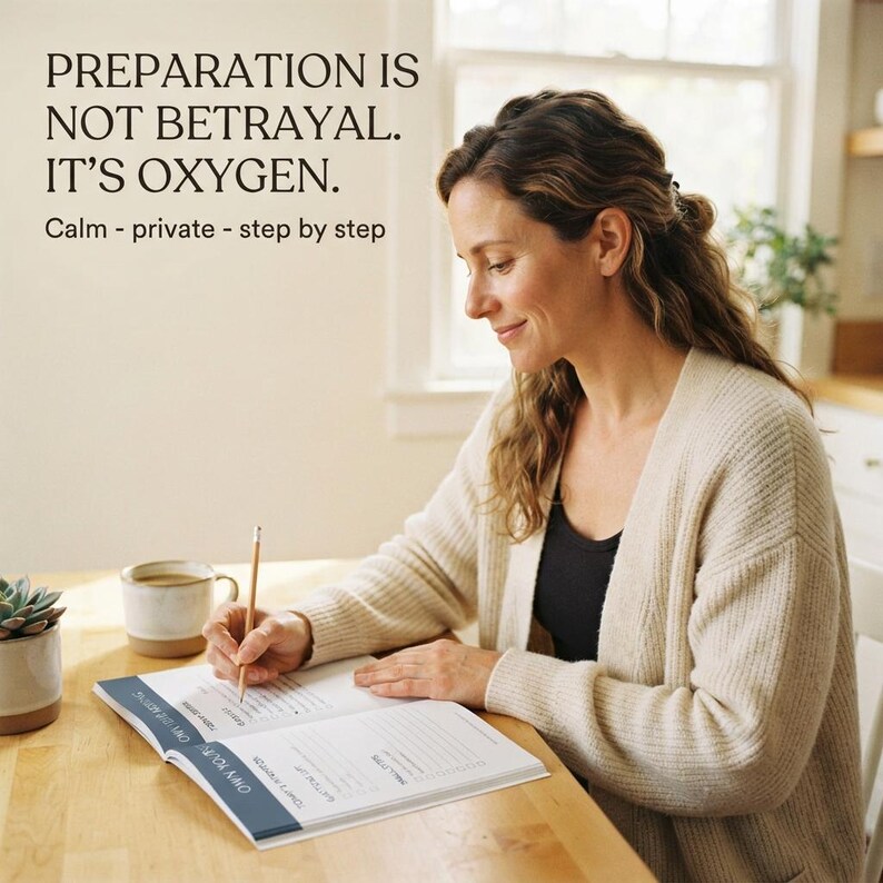 May include: An open planner with blue accents on a wooden table, featuring the text: PREPARATION IS NOT BETRAYAL. IT'S OXYGEN. Calm - private - step by step. A pencil rests on the page, and a ceramic mug sits nearby on the table surface.