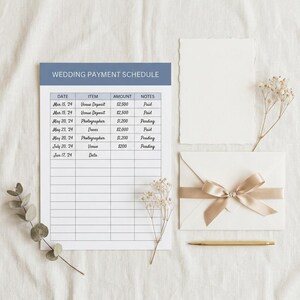May include: A wedding payment schedule document with a blue header, featuring columns for date, item, amount, and notes. The document is accompanied by a blank white card, a white envelope with a satin ribbon bow, and a gold pen.