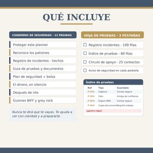 May include: A digital information graphic titled QU&Eacute; INCLUYE detailing a 13-page safety notebook and a 3-tab test sheet. The layout lists sections like incident logs, safety plans, and contact circles, with a table showing reference codes and storage methods.