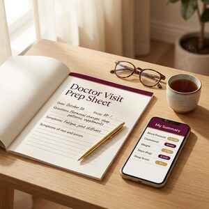 May include: A Doctor Visit Prep Sheet notebook with handwritten notes, a gold pen, a pair of tortoiseshell glasses, and a smartphone displaying a My Summary health app screen with blood pressure, weight, and sleep score data on a wooden surface.