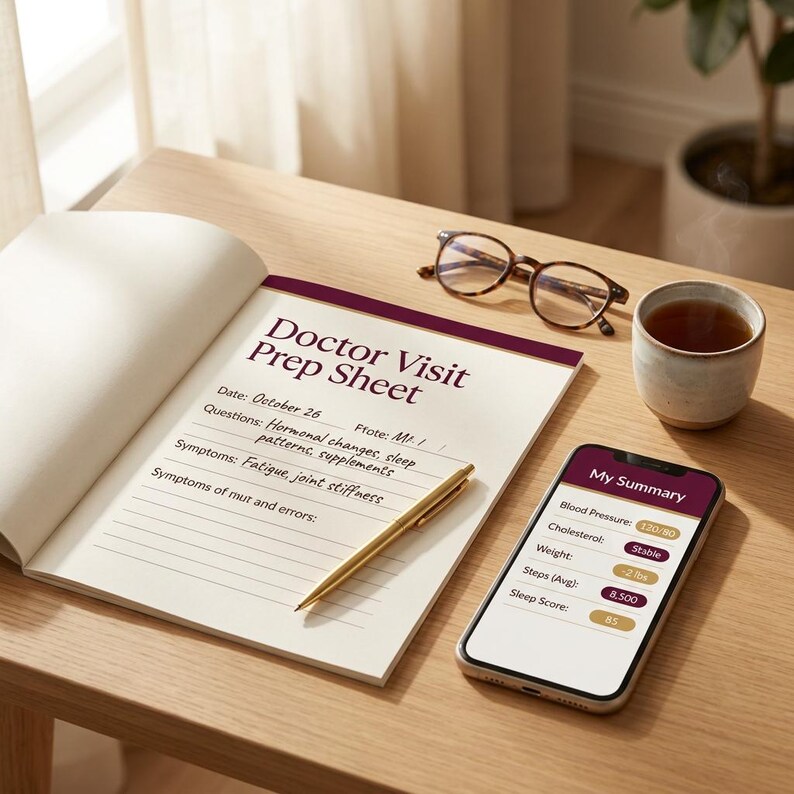 May include: A Doctor Visit Prep Sheet notebook with handwritten notes, a gold pen, a pair of tortoiseshell glasses, and a smartphone displaying a My Summary health app screen with blood pressure, weight, and sleep score data on a wooden surface.