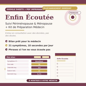 May include: A digital health tracking document titled Enfin &Eacute;cout&eacute;e for perimenopause and menopause management. It includes a medical preparation kit, symptom tracker, and a summary table with fields for symptom intensity, night sweats, and sleep duration.
