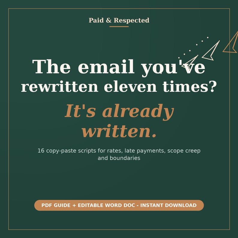 Scope creep email templates for independent contractors. Solves how to politely say no to extra work and reset a project that grew beyond the original agreement. Includes an email script to confidently price out pick-your-brain coffee requests.
