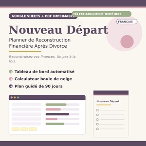 May include: A digital financial planner titled Nouveau D&eacute;part, featuring a dashboard and checklist. Text includes Google Sheets + PDF Imprimable, T&eacute;l&eacute;chargement Imm&eacute;diat, Fran&ccedil;ais, Nouveau D&eacute;part, Planner de Reconstruction Financi&egrave;re Apr&egrave;s Divorce.