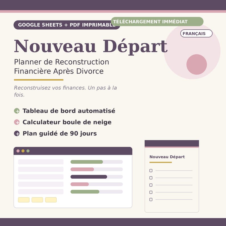 May include: A digital financial planner titled Nouveau D&eacute;part, featuring a dashboard and checklist. Text includes Google Sheets + PDF Imprimable, T&eacute;l&eacute;chargement Imm&eacute;diat, Fran&ccedil;ais, Nouveau D&eacute;part, Planner de Reconstruction Financi&egrave;re Apr&egrave;s Divorce.