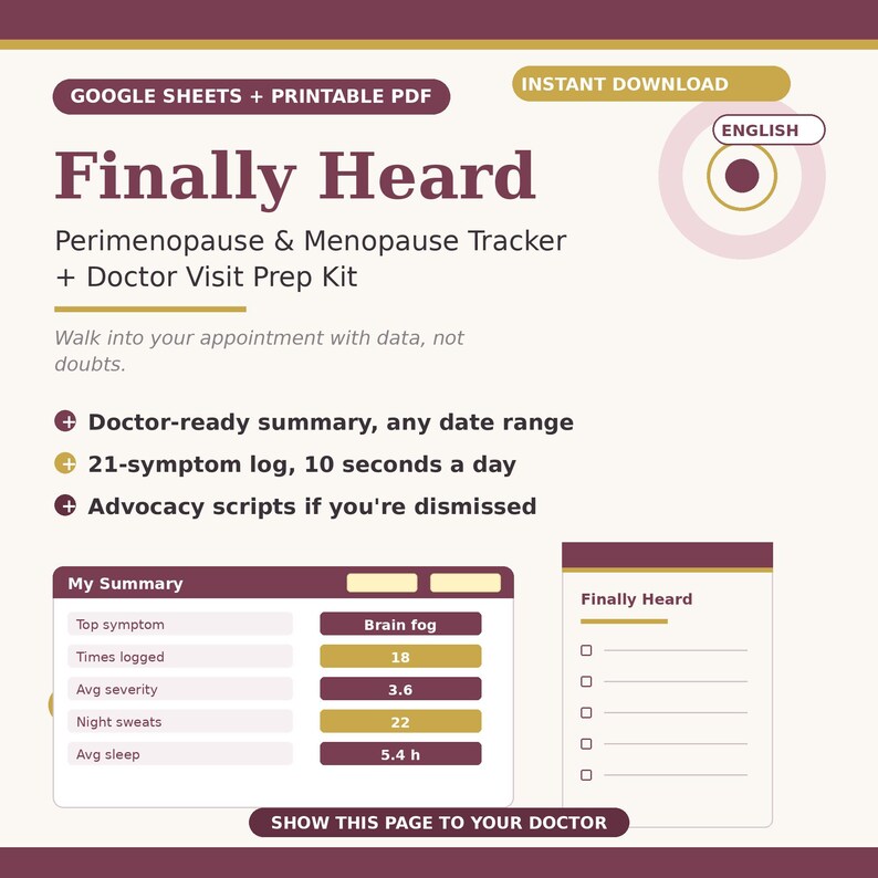 Easy-to-use health spreadsheet for perimenopause. No tech skills required—simply type in the yellow cells and let the dashboard calculate your symptom averages and frequencies automatically. A stress-free way to build your menopause medical file.