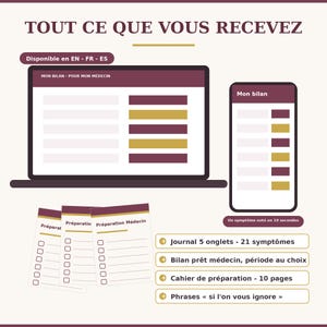 May include: A digital health tracking set featuring a laptop and smartphone displaying 'MON BILAN - POUR MON M&Eacute;DECIN' and 'Mon bilan', alongside three 'Pr&eacute;paration M&eacute;decin' checklists and a list of features including 'Journal 5 onglets - 21 sympt&ocirc;mes'.