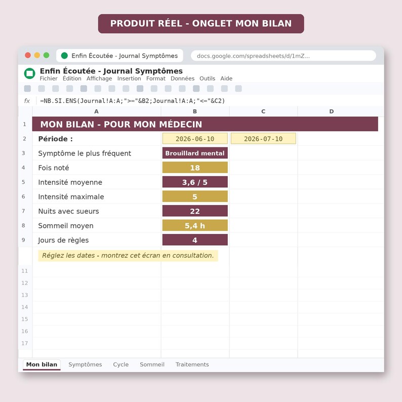 May include: A digital spreadsheet interface titled Enfin &Eacute;cout&eacute;e - Journal Sympt&ocirc;mes, featuring a summary table labeled MON BILAN - POUR MON M&Eacute;DECIN. It displays health data including symptom frequency, intensity, night sweats, sleep, and menstrual cycle days.