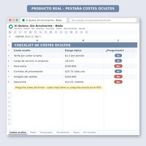 May include: A digital spreadsheet titled Si Quiero, Sin Arruinarme - Boda featuring a checklist of hidden wedding costs. The table includes columns for cost type, typical range, and a status indicator with yes or no buttons for each item.