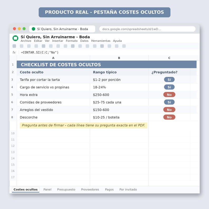 May include: A digital spreadsheet titled Si Quiero, Sin Arruinarme - Boda featuring a checklist of hidden wedding costs. The table includes columns for cost type, typical range, and a status indicator with yes or no buttons for each item.