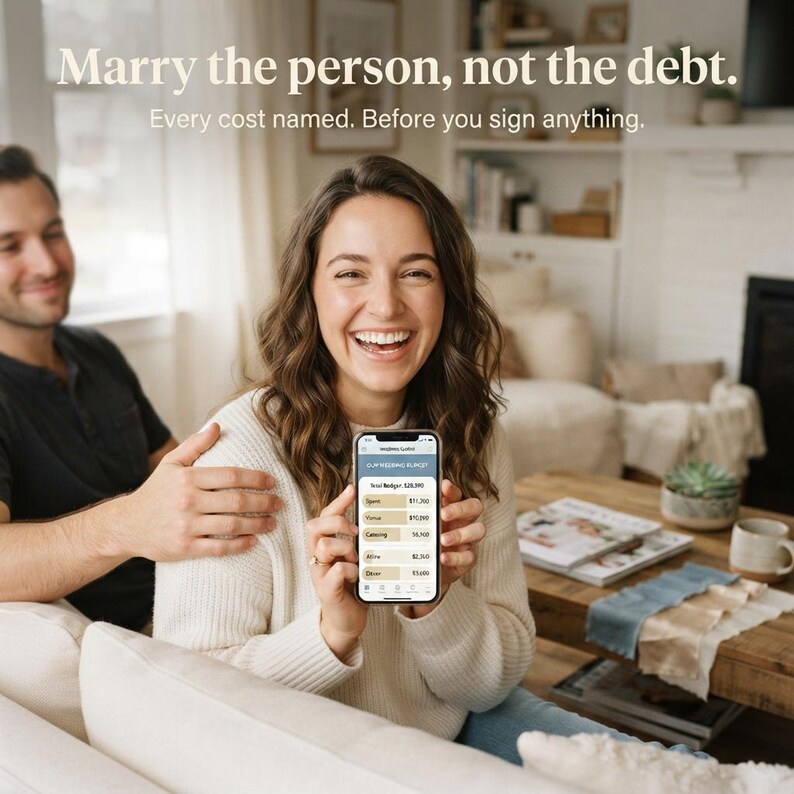 May include: A smartphone displaying a wedding budget app with a list of expenses, held by a person wearing a cream-colored sweater. The screen shows the text Marry the person, not the debt. Every cost named. Before you sign anything.