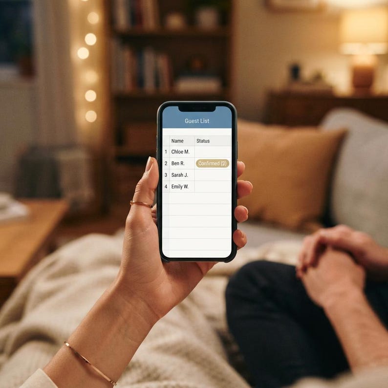 May include: A black smartphone displaying a digital guest list application on its screen. The interface features a blue header labeled Guest List, with columns for Name and Status. The list includes names Chloe M., Ben R., Sarah J., and Emily W.