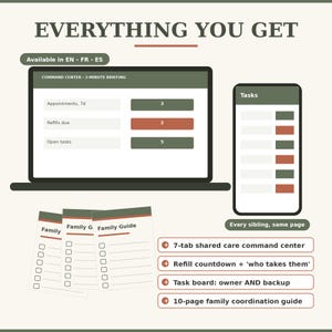 10-page family coordination PDF guide for caregivers. Includes printable emergency sheets, a document locator, and actionable sibling meeting agendas. The perfect companion to your digital caregiver planner for offline eldercare management.