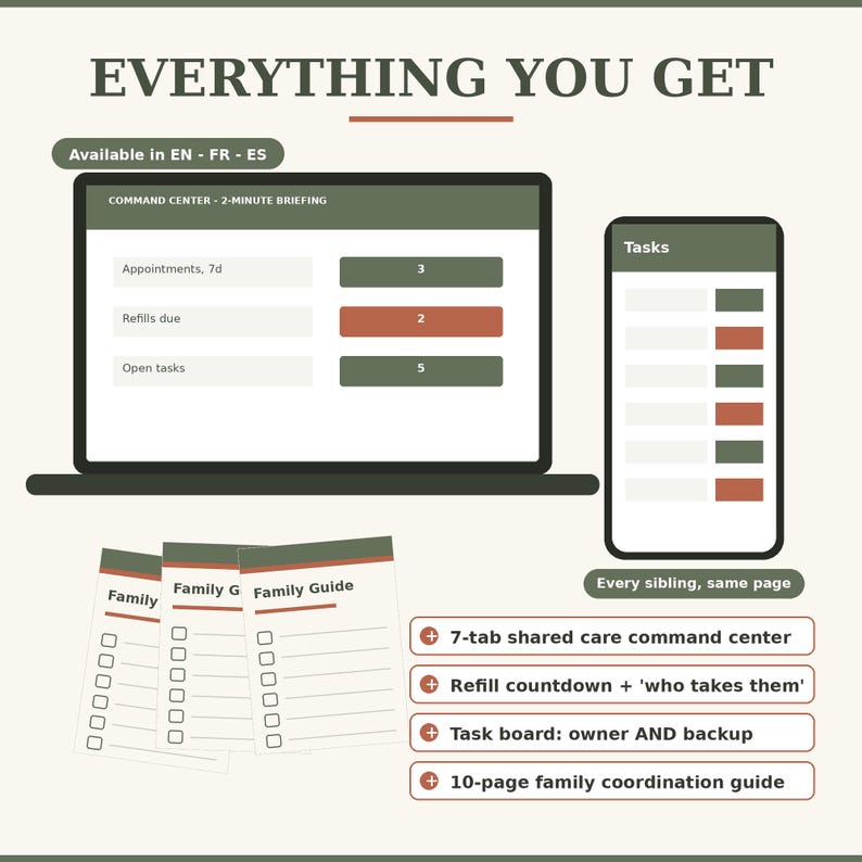 10-page family coordination PDF guide for caregivers. Includes printable emergency sheets, a document locator, and actionable sibling meeting agendas. The perfect companion to your digital caregiver planner for offline eldercare management.