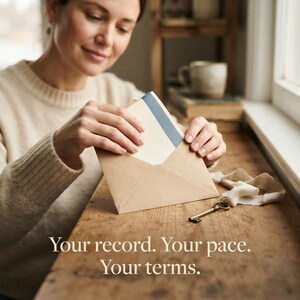 May include: A light brown paper envelope containing a card with a blue stripe, accompanied by a metal key and a piece of white fabric ribbon. The text "Your record. Your pace. Your terms." is printed in white at the bottom of the image.