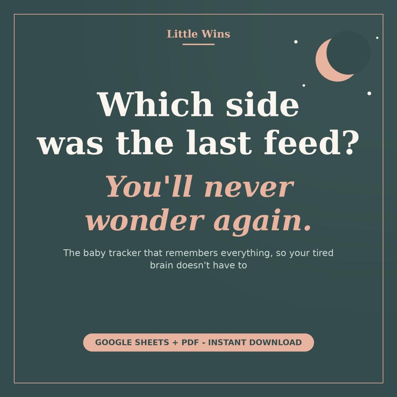 Automated daily baby dashboard for Google Sheets. Type any date to instantly see the last feed time, total sleep hours, and total wet or dirty diapers. A digital newborn tracker designed as an external memory for sleep-deprived new parents.
