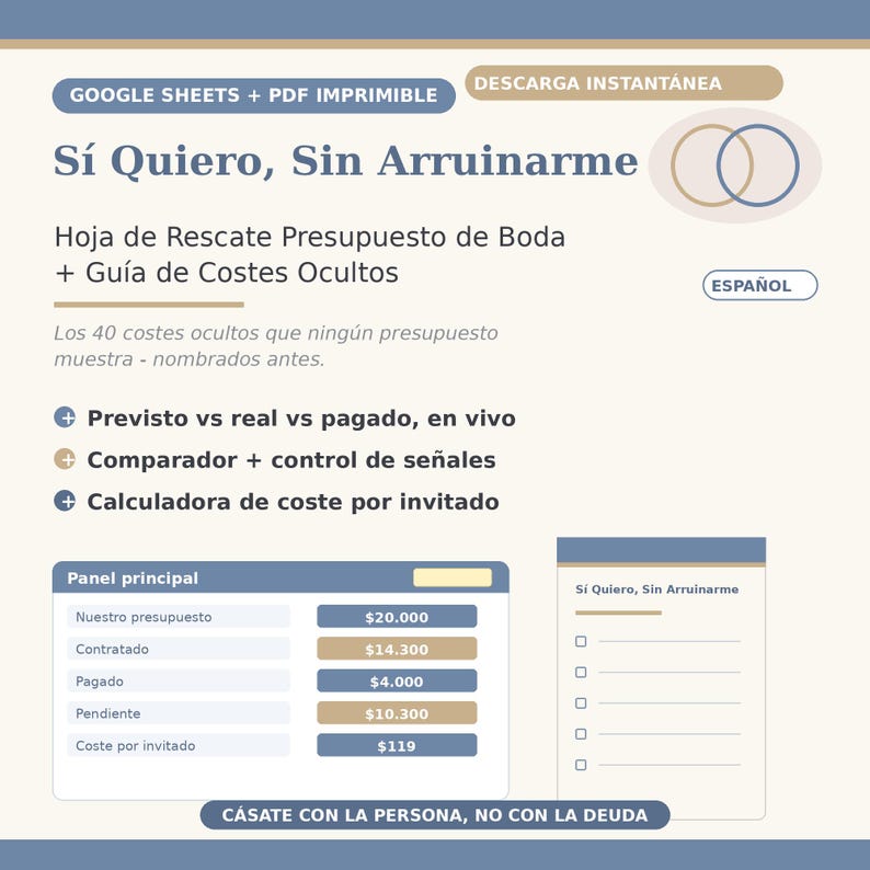 May include: A digital wedding budget planner template in Spanish featuring the text S&iacute; Quiero, Sin Arruinarme. It includes a dashboard with fields for budget, contracted, paid, and pending costs, a cost per guest calculator, and a checklist.