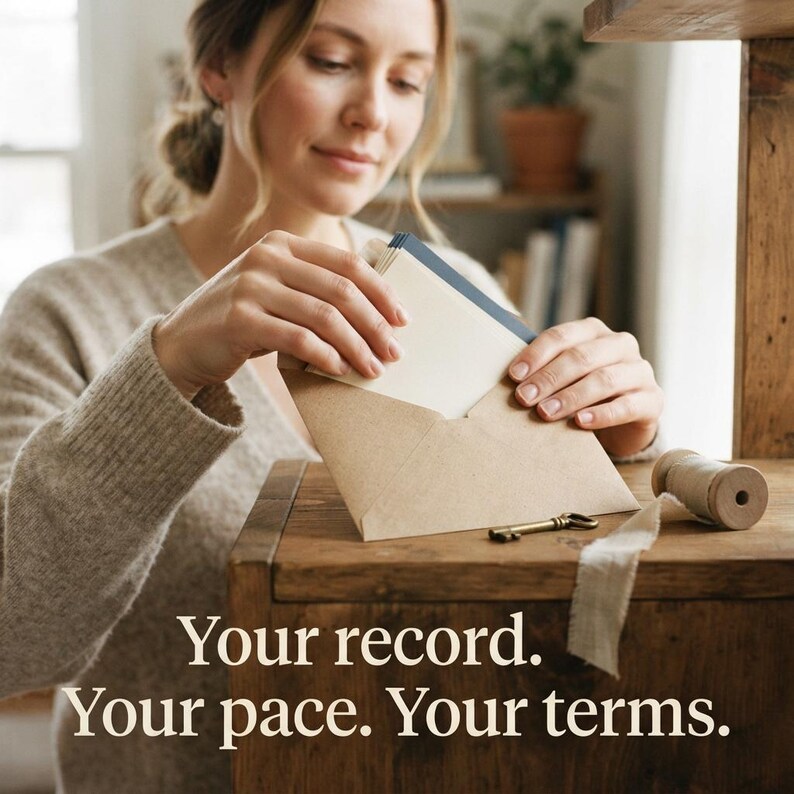 May include: A set of cream-colored note cards with dark blue edges tucked into a brown kraft paper envelope. The text "Your record. Your pace. Your terms." is printed in white at the bottom of the image, which also features a small metal key.