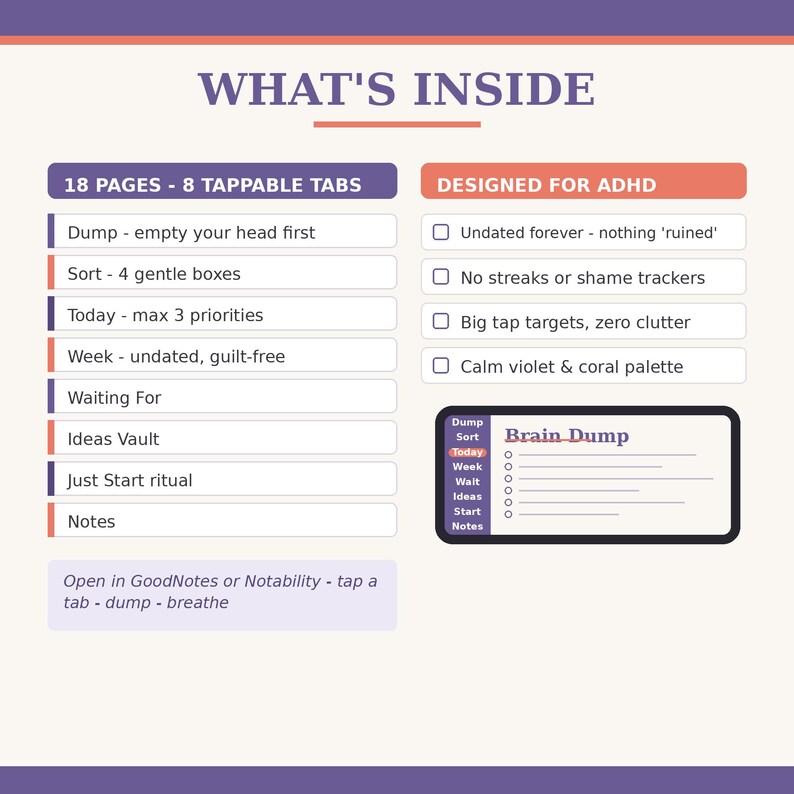 Just Start ritual page designed specifically for task paralysis and executive dysfunction. A 5-minute step-by-step digital guide to help neurodivergent brains transition into productive work days gently and overcome procrastination.
