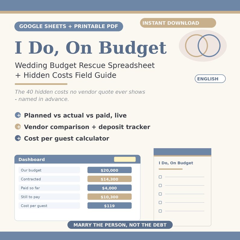 Detailed wedding budget planner by category. Track planned, actual, and paid expenses across 20 specific wedding lines, including alterations, tips, and contingency funds. Prevent going over budget with this zero-based financial template.